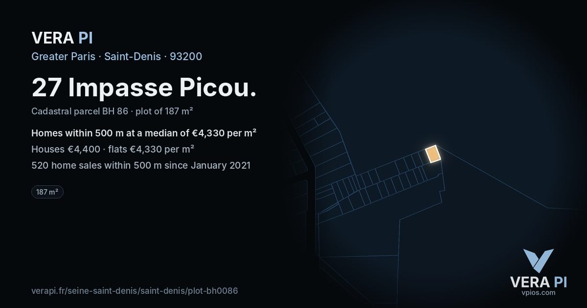 27 Impasse Picou, Saint-Denis at night – the plot lit, the parcels around coloured by the prices near them