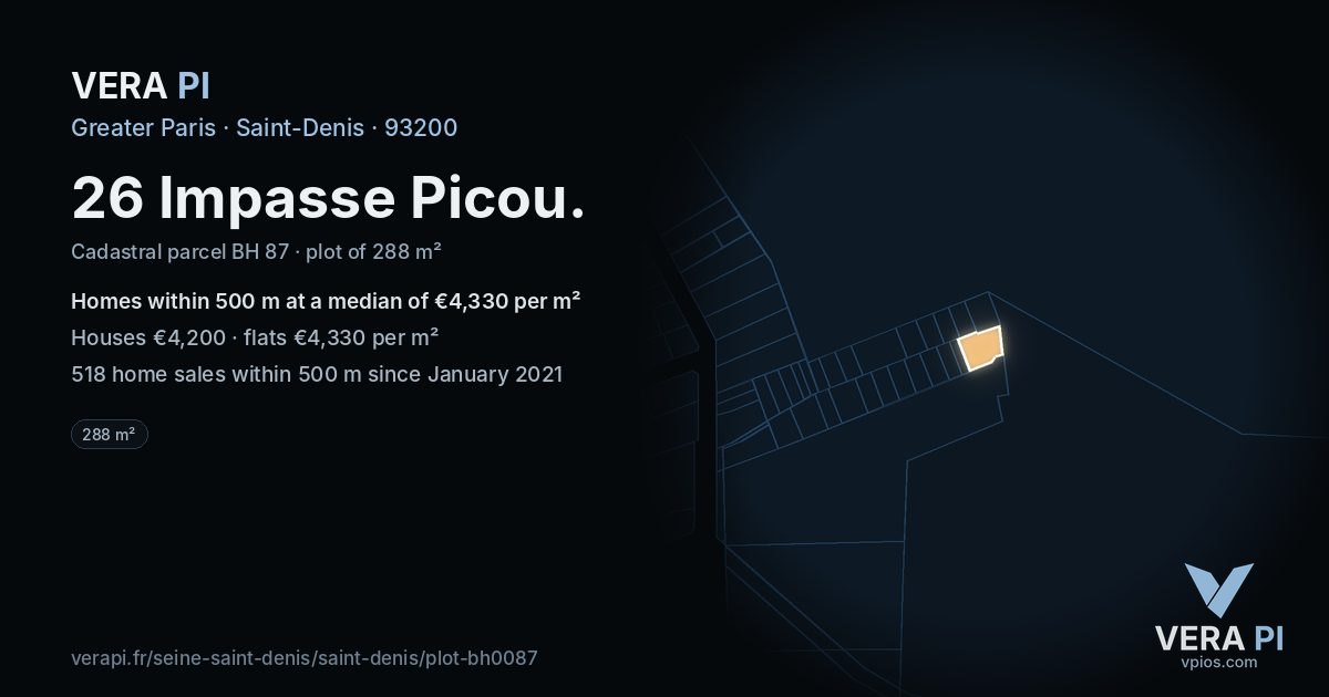 26 Impasse Picou, Saint-Denis at night – the plot lit, the parcels around coloured by the prices near them
