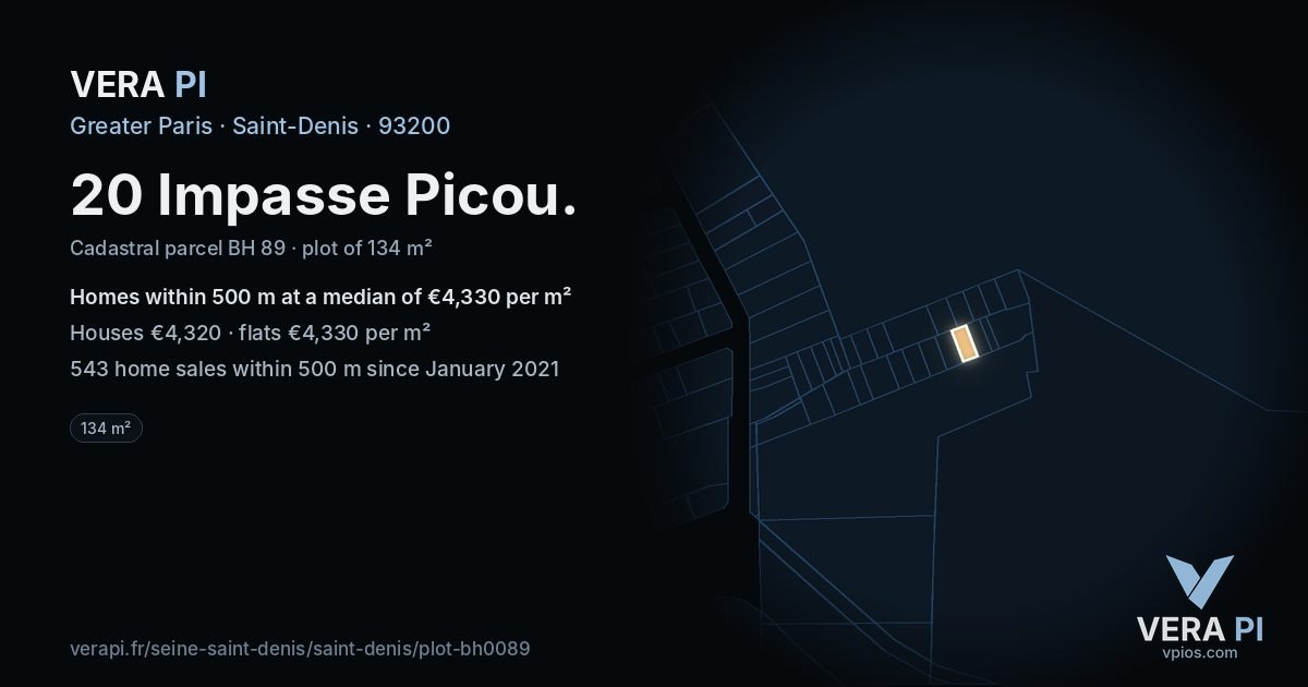 20 Impasse Picou, Saint-Denis at night – the plot lit, the parcels around coloured by the prices near them