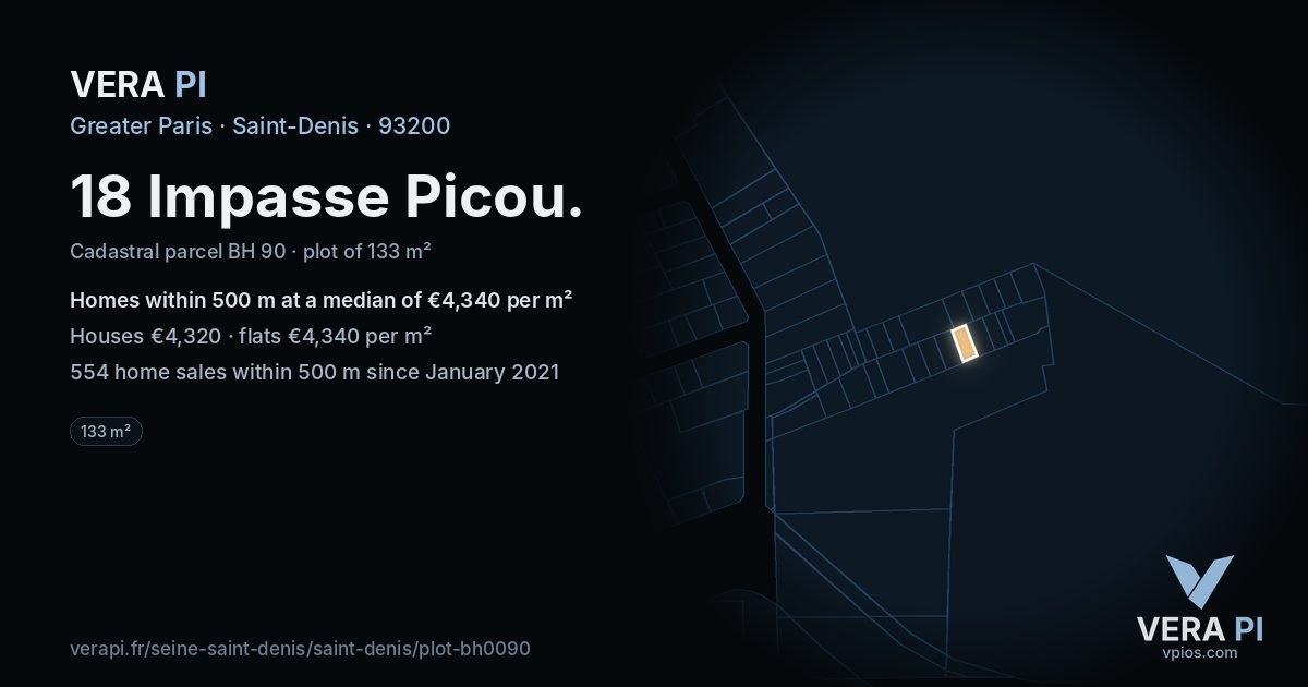 18 Impasse Picou, Saint-Denis at night – the plot lit, the parcels around coloured by the prices near them