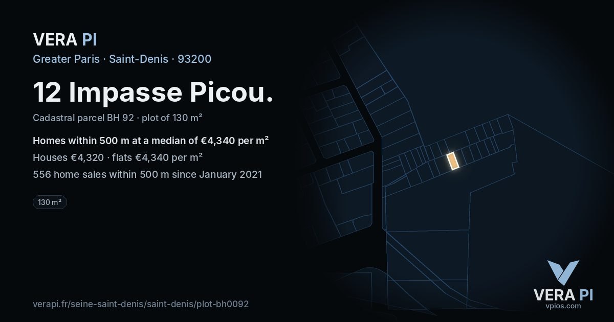 12 Impasse Picou, Saint-Denis at night – the plot lit, the parcels around coloured by the prices near them
