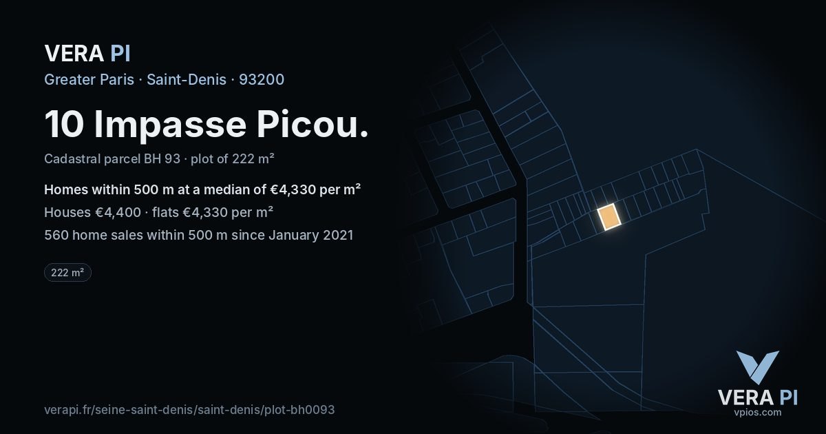 10 Impasse Picou, Saint-Denis at night – the plot lit, the parcels around coloured by the prices near them