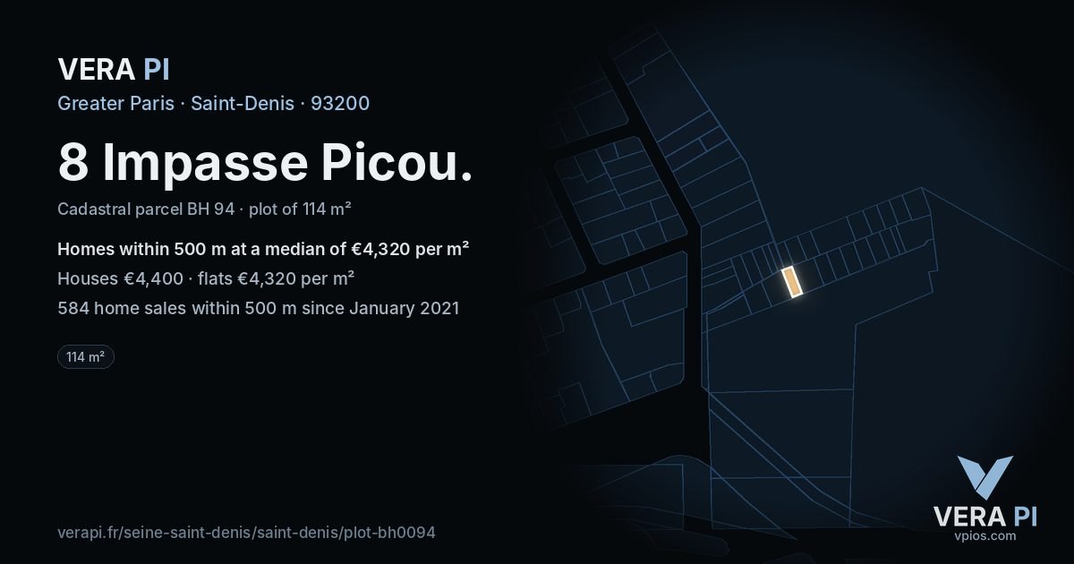 8 Impasse Picou, Saint-Denis at night – the plot lit, the parcels around coloured by the prices near them