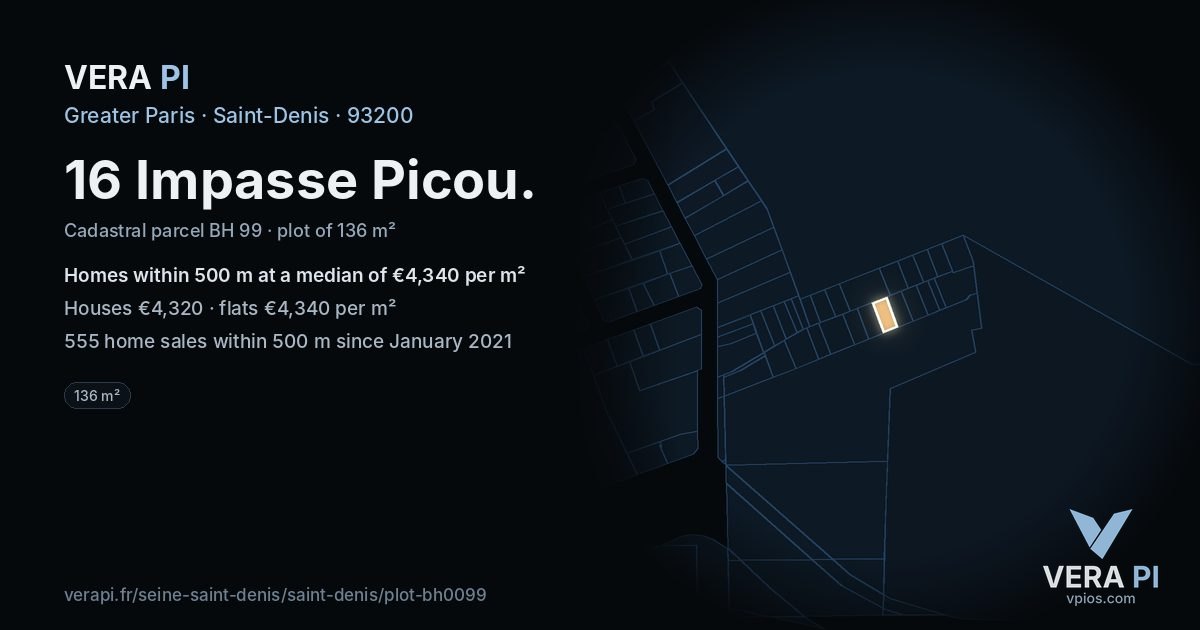 16 Impasse Picou, Saint-Denis at night – the plot lit, the parcels around coloured by the prices near them