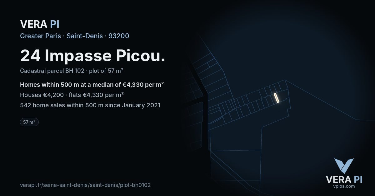 24 Impasse Picou, Saint-Denis at night – the plot lit, the parcels around coloured by the prices near them