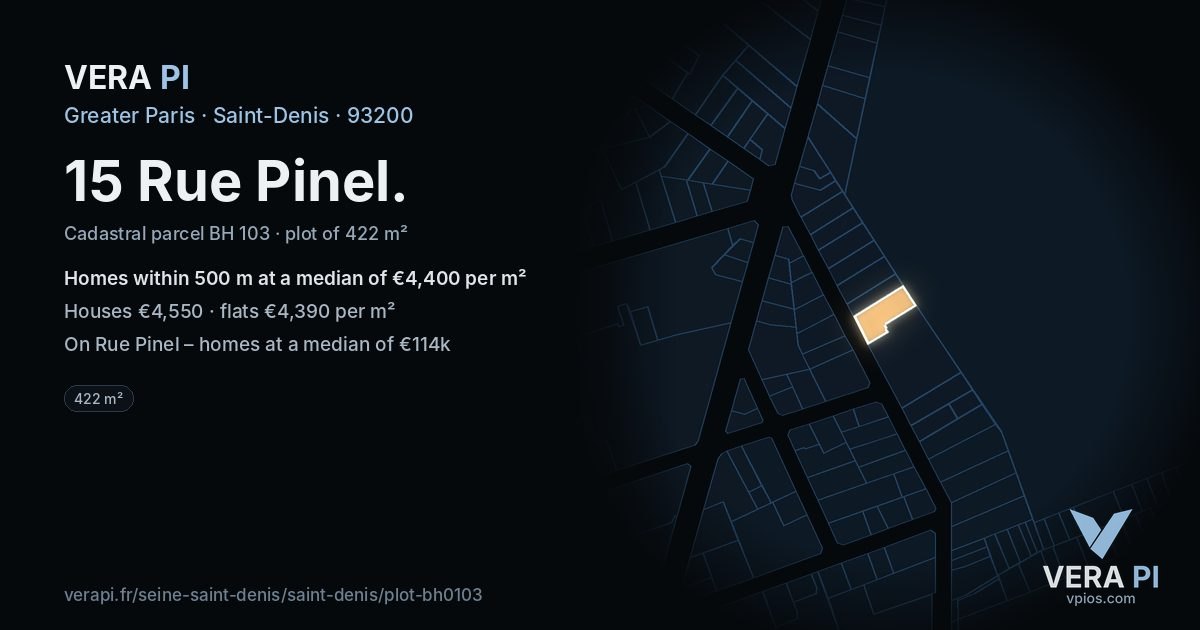 15 Rue Pinel, Saint-Denis at night – the plot lit, the parcels around coloured by the prices near them