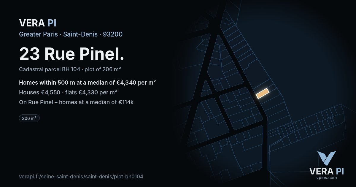 23 Rue Pinel, Saint-Denis at night – the plot lit, the parcels around coloured by the prices near them