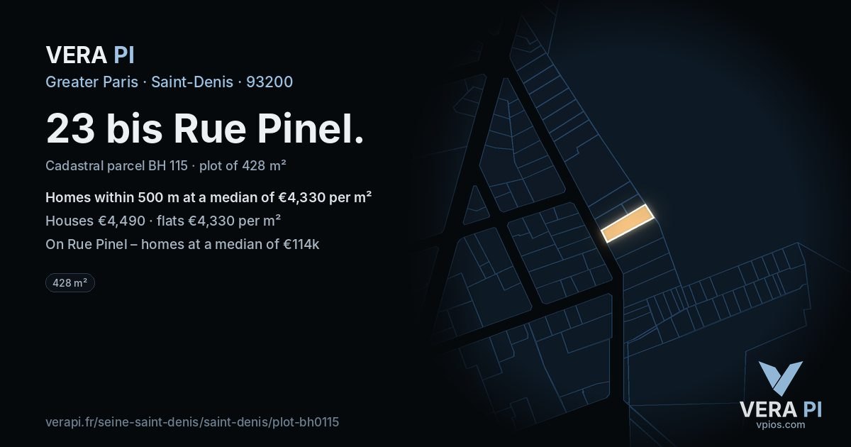 23 bis Rue Pinel, Saint-Denis at night – the plot lit, the parcels around coloured by the prices near them