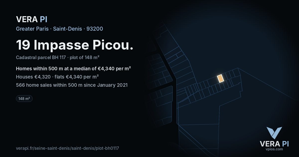 19 Impasse Picou, Saint-Denis at night – the plot lit, the parcels around coloured by the prices near them