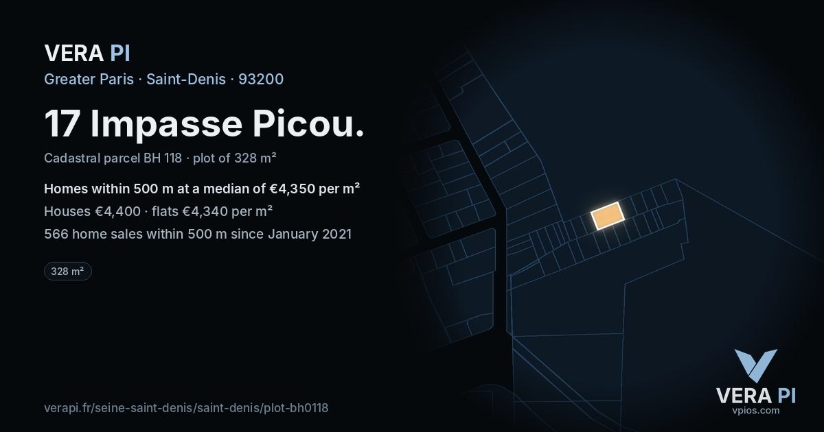 17 Impasse Picou, Saint-Denis at night – the plot lit, the parcels around coloured by the prices near them