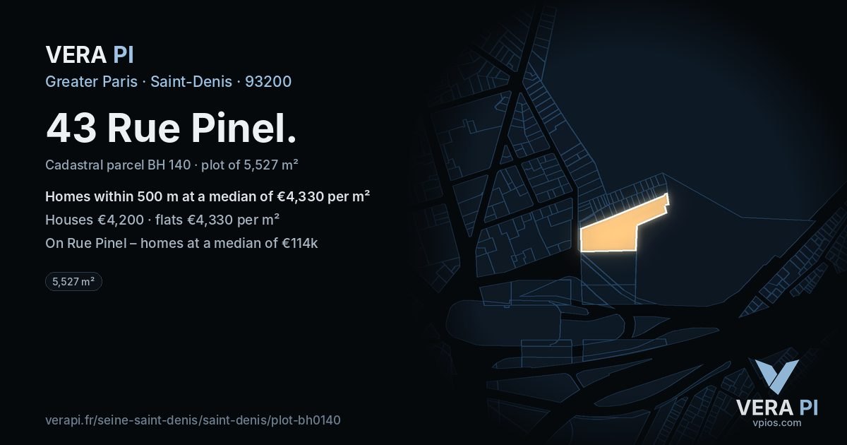 43 Rue Pinel, Saint-Denis at night – the plot lit, the parcels around coloured by the prices near them