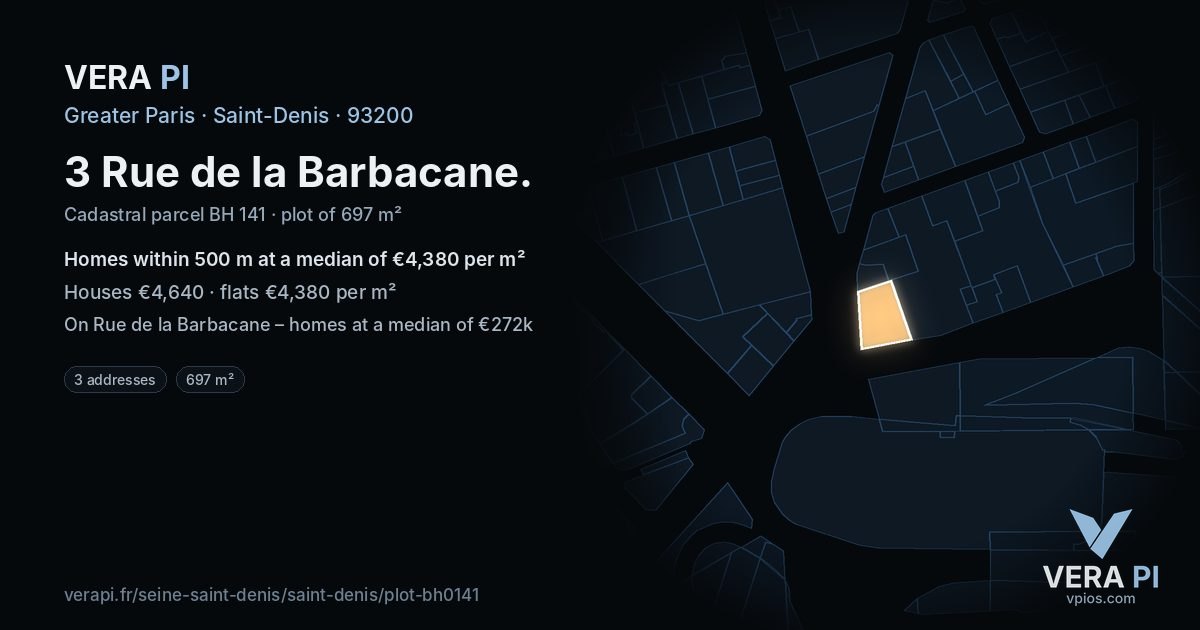3 Rue de la Barbacane, Saint-Denis at night – the plot lit, the parcels around coloured by the prices near them