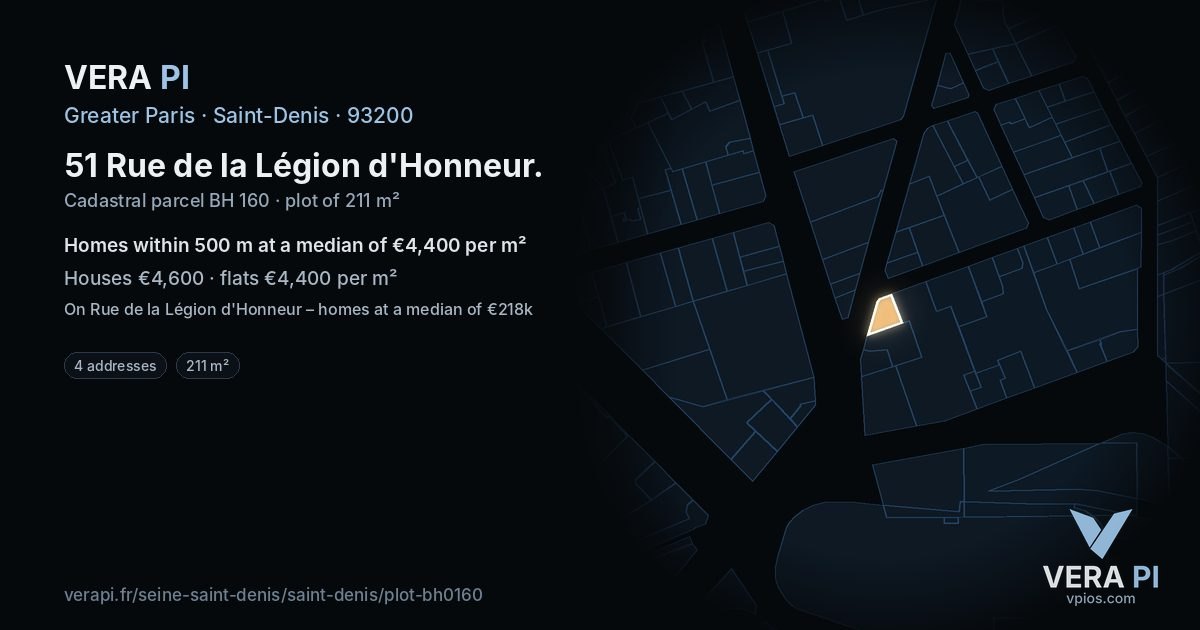 51 Rue de la Légion d'Honneur, Saint-Denis at night – the plot lit, the parcels around coloured by the prices near them