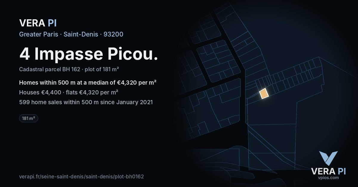 4 Impasse Picou, Saint-Denis at night – the plot lit, the parcels around coloured by the prices near them
