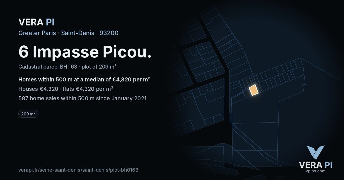 6 Impasse Picou, Saint-Denis at night – the plot lit, the parcels around coloured by the prices near them