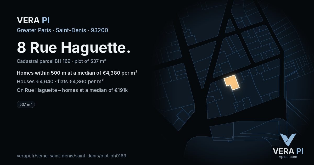 8 Rue Haguette, Saint-Denis at night – the plot lit, the parcels around coloured by the prices near them