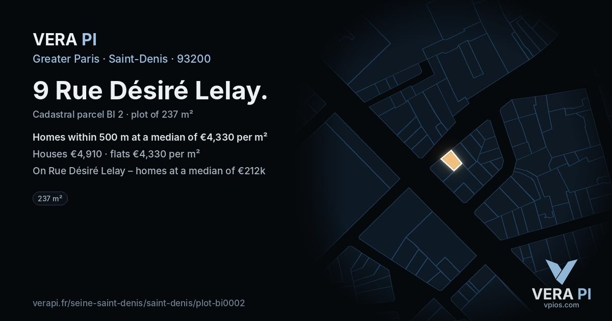 9 Rue Désiré Lelay, Saint-Denis at night – the plot lit, the parcels around coloured by the prices near them