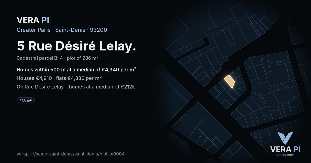 5 Rue Désiré Lelay, Saint-Denis at night – the plot lit, the parcels around coloured by the prices near them