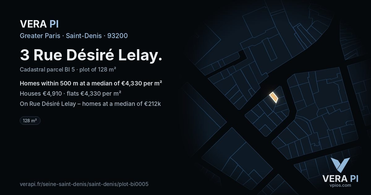 3 Rue Désiré Lelay, Saint-Denis at night – the plot lit, the parcels around coloured by the prices near them