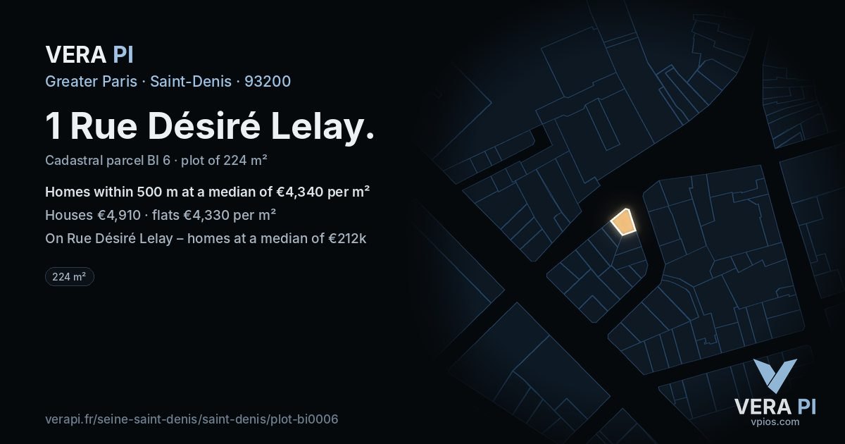 1 Rue Désiré Lelay, Saint-Denis at night – the plot lit, the parcels around coloured by the prices near them