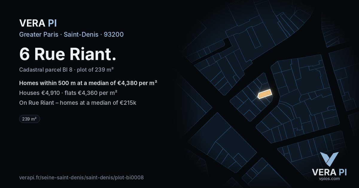 6 Rue Riant, Saint-Denis at night – the plot lit, the parcels around coloured by the prices near them
