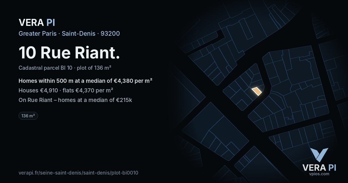 10 Rue Riant, Saint-Denis at night – the plot lit, the parcels around coloured by the prices near them