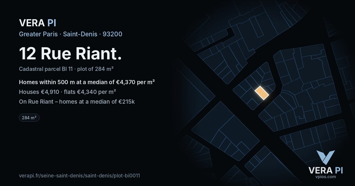 12 Rue Riant, Saint-Denis at night – the plot lit, the parcels around coloured by the prices near them