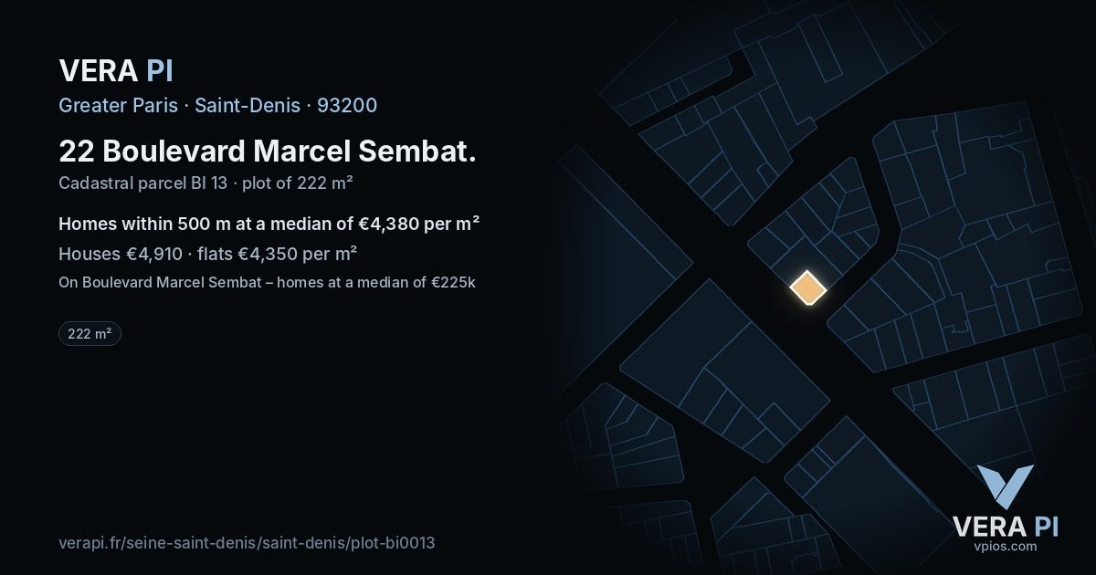 22 Boulevard Marcel Sembat, Saint-Denis at night – the plot lit, the parcels around coloured by the prices near them
