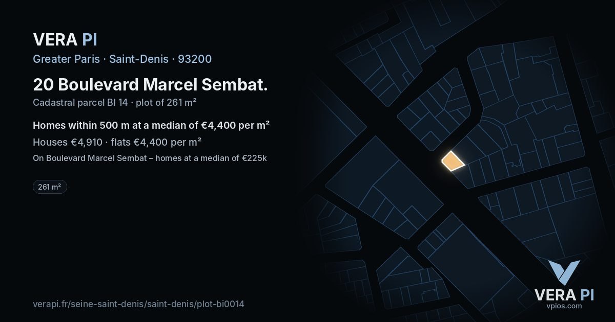 20 Boulevard Marcel Sembat, Saint-Denis at night – the plot lit, the parcels around coloured by the prices near them