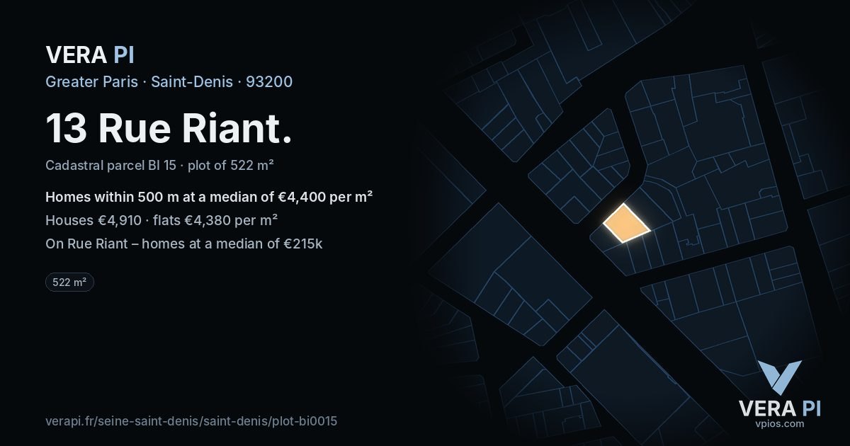 13 Rue Riant, Saint-Denis at night – the plot lit, the parcels around coloured by the prices near them