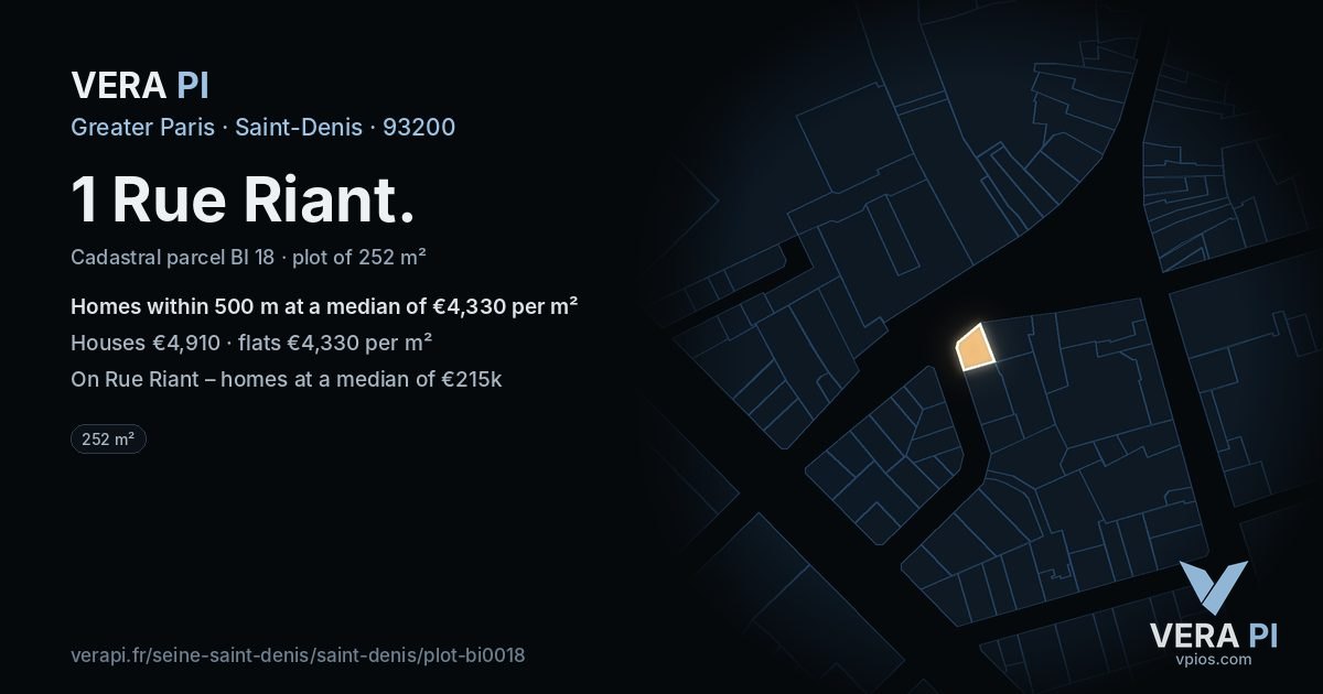 1 Rue Riant, Saint-Denis at night – the plot lit, the parcels around coloured by the prices near them