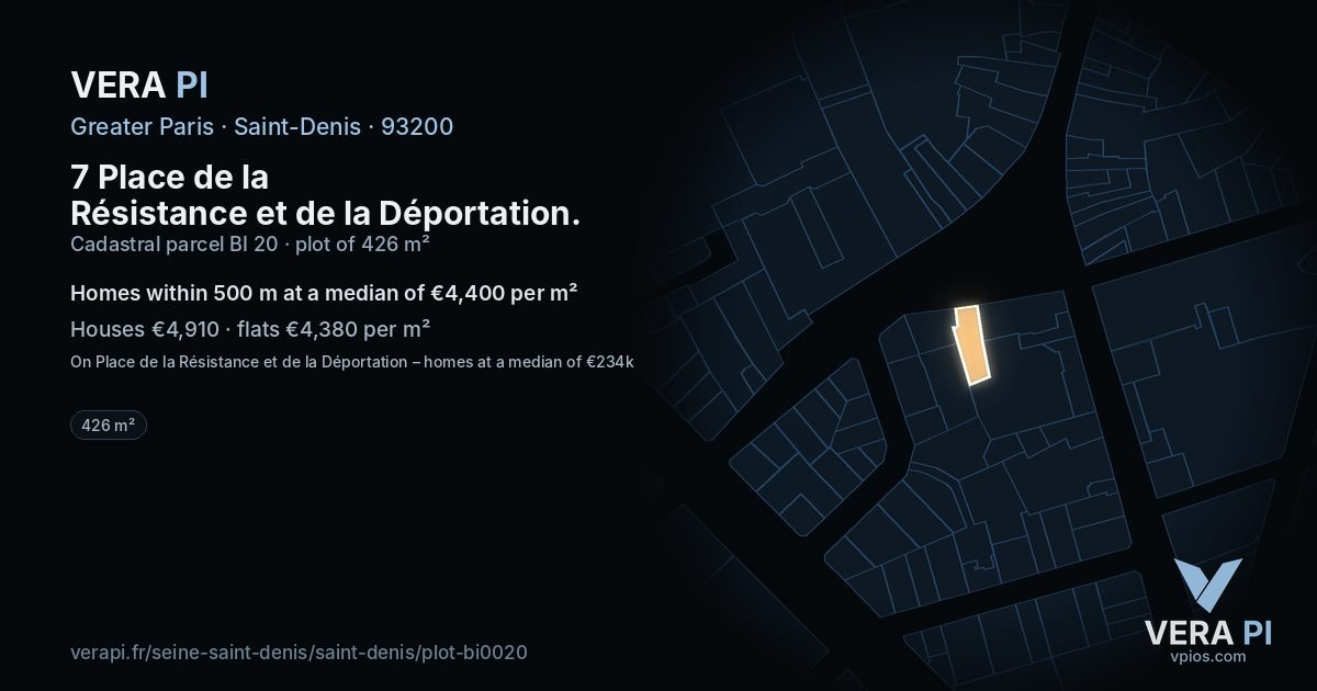 7 Place de la Résistance et de la Déportation, Saint-Denis at night – the plot lit, the parcels around coloured by the prices near them