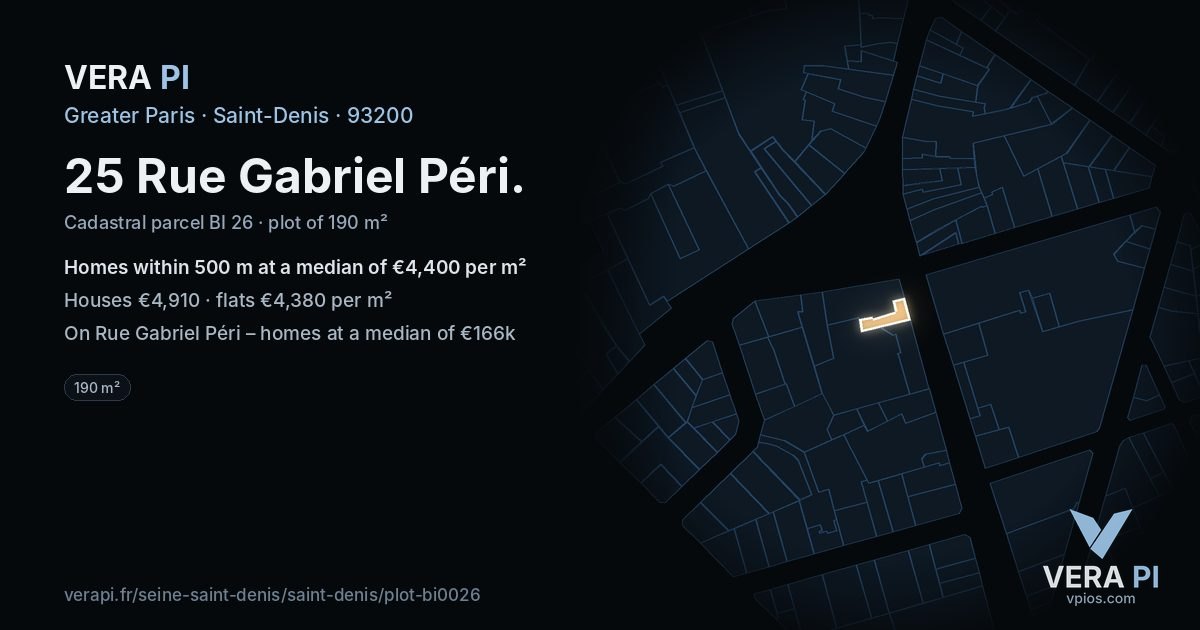25 Rue Gabriel Péri, Saint-Denis at night – the plot lit, the parcels around coloured by the prices near them