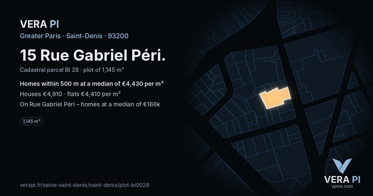 15 Rue Gabriel Péri, Saint-Denis at night – the plot lit, the parcels around coloured by the prices near them