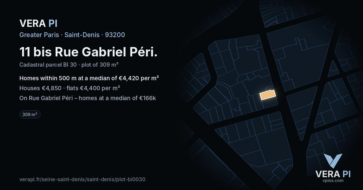 11 bis Rue Gabriel Péri, Saint-Denis at night – the plot lit, the parcels around coloured by the prices near them