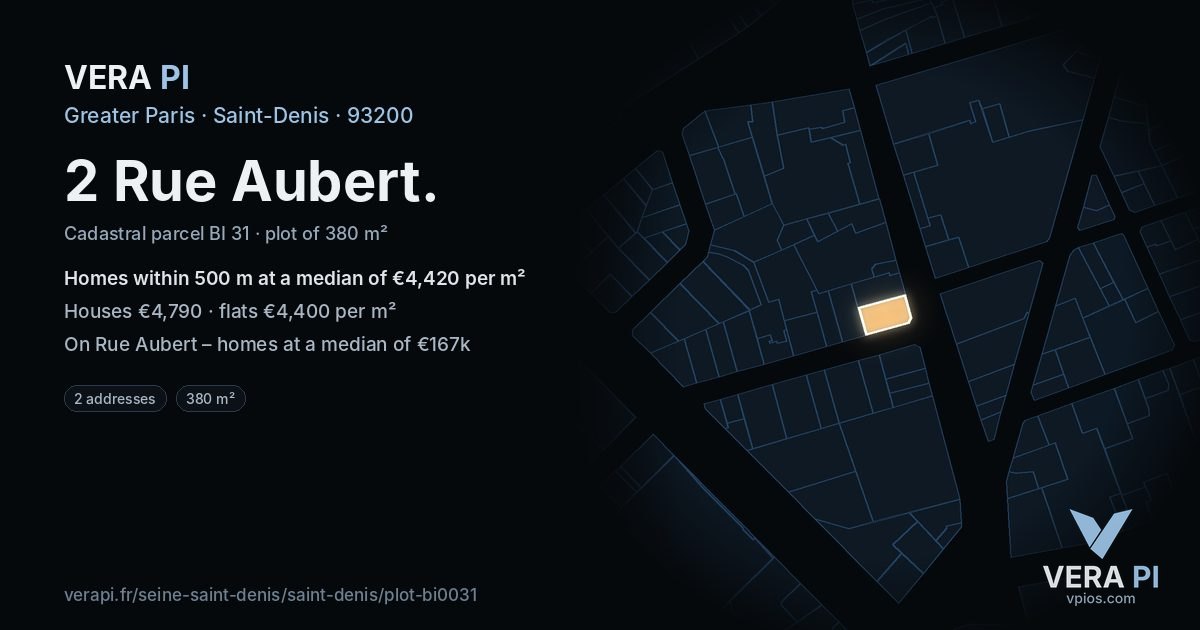 2 Rue Aubert, Saint-Denis at night – the plot lit, the parcels around coloured by the prices near them