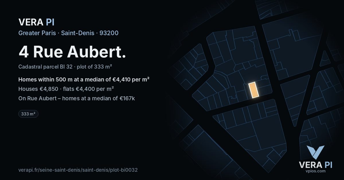 4 Rue Aubert, Saint-Denis at night – the plot lit, the parcels around coloured by the prices near them