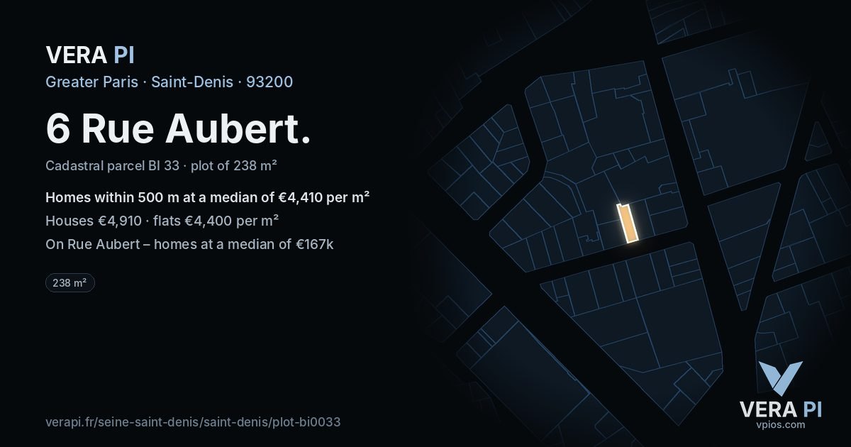 6 Rue Aubert, Saint-Denis at night – the plot lit, the parcels around coloured by the prices near them