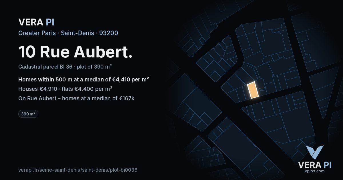 10 Rue Aubert, Saint-Denis at night – the plot lit, the parcels around coloured by the prices near them