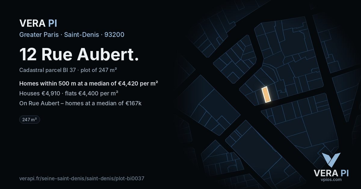 12 Rue Aubert, Saint-Denis at night – the plot lit, the parcels around coloured by the prices near them
