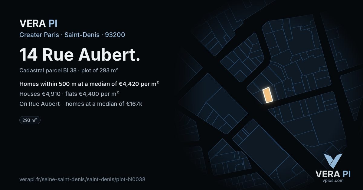 14 Rue Aubert, Saint-Denis at night – the plot lit, the parcels around coloured by the prices near them