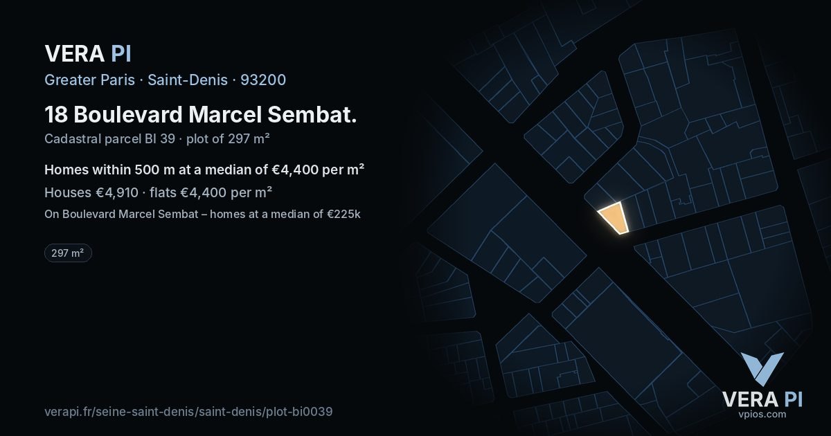 18 Boulevard Marcel Sembat, Saint-Denis at night – the plot lit, the parcels around coloured by the prices near them