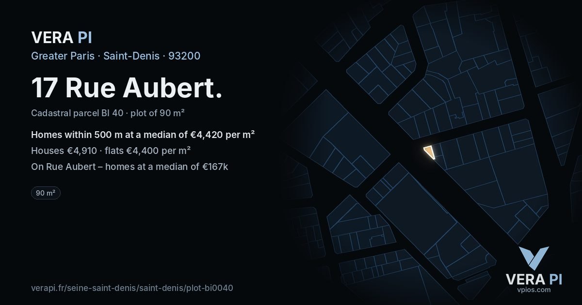 17 Rue Aubert, Saint-Denis at night – the plot lit, the parcels around coloured by the prices near them