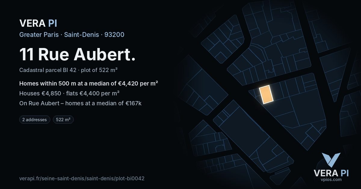 11 Rue Aubert, Saint-Denis at night – the plot lit, the parcels around coloured by the prices near them