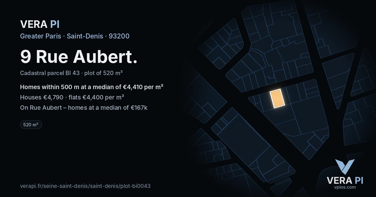 9 Rue Aubert, Saint-Denis at night – the plot lit, the parcels around coloured by the prices near them