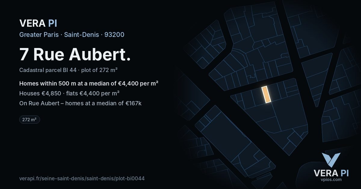 7 Rue Aubert, Saint-Denis at night – the plot lit, the parcels around coloured by the prices near them