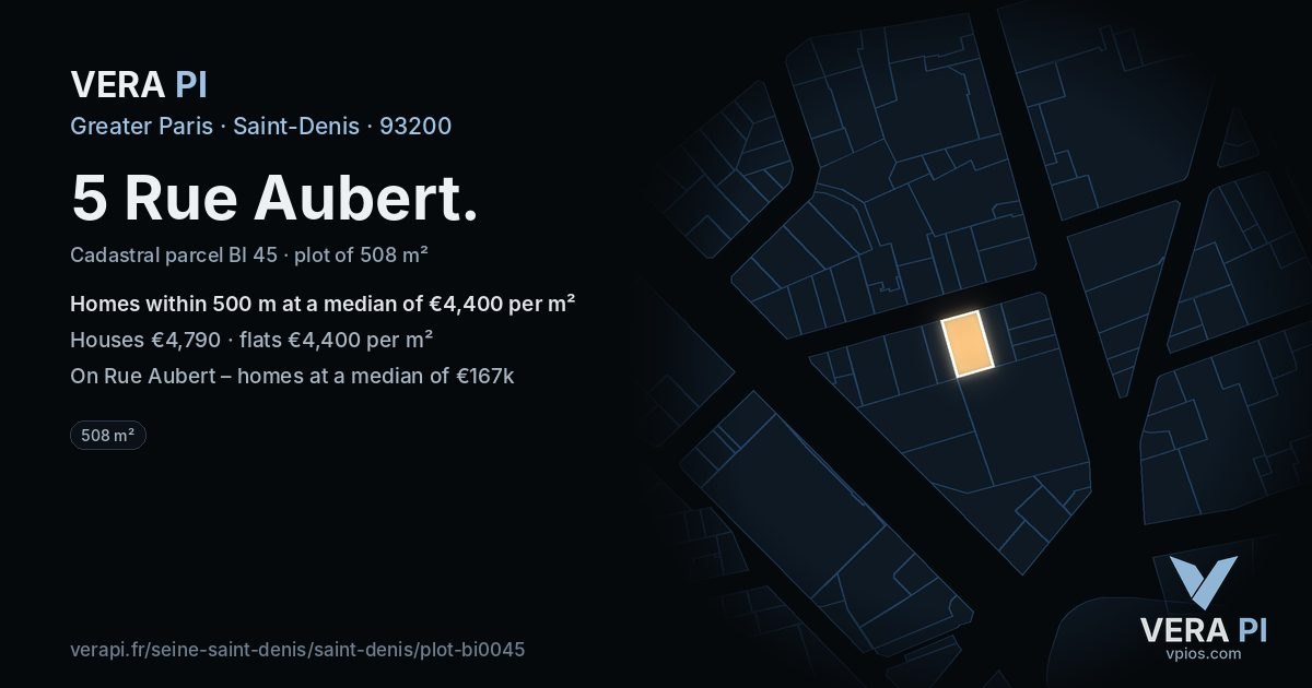 5 Rue Aubert, Saint-Denis at night – the plot lit, the parcels around coloured by the prices near them