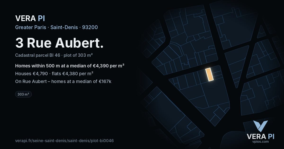 3 Rue Aubert, Saint-Denis at night – the plot lit, the parcels around coloured by the prices near them