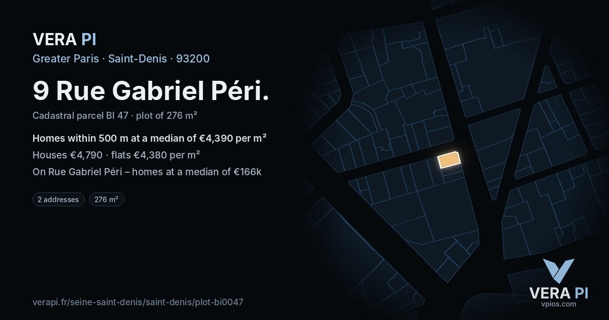 9 Rue Gabriel Péri, Saint-Denis at night – the plot lit, the parcels around coloured by the prices near them