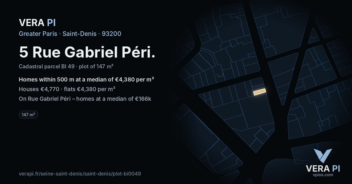 5 Rue Gabriel Péri, Saint-Denis at night – the plot lit, the parcels around coloured by the prices near them
